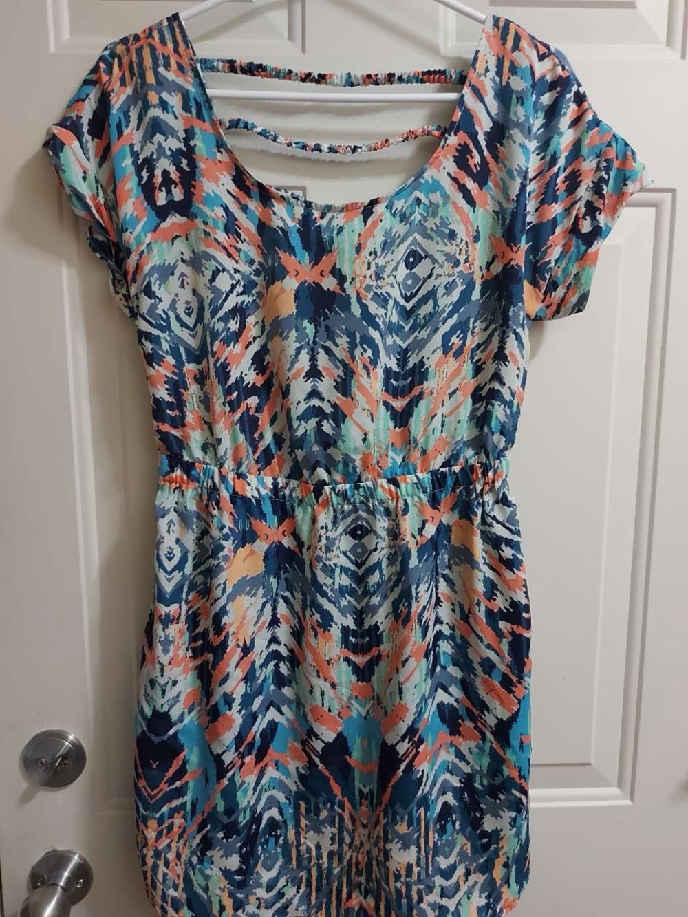 Blue and orange short sleeve dress with tribal print